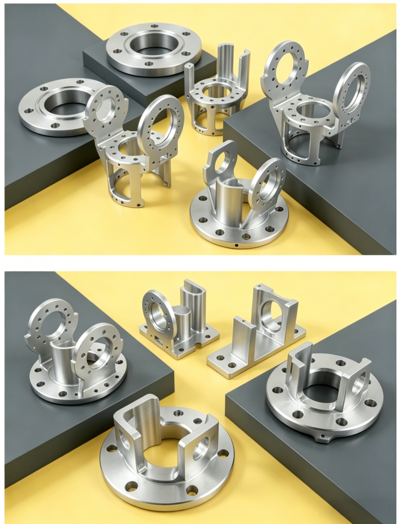 CNC machined aluminum flange mount bracket with precision holes and anodized surface