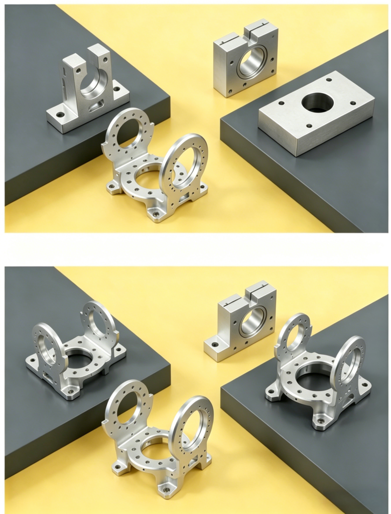 CNC machined aluminum flange mount bracket with precision holes and anodized surface