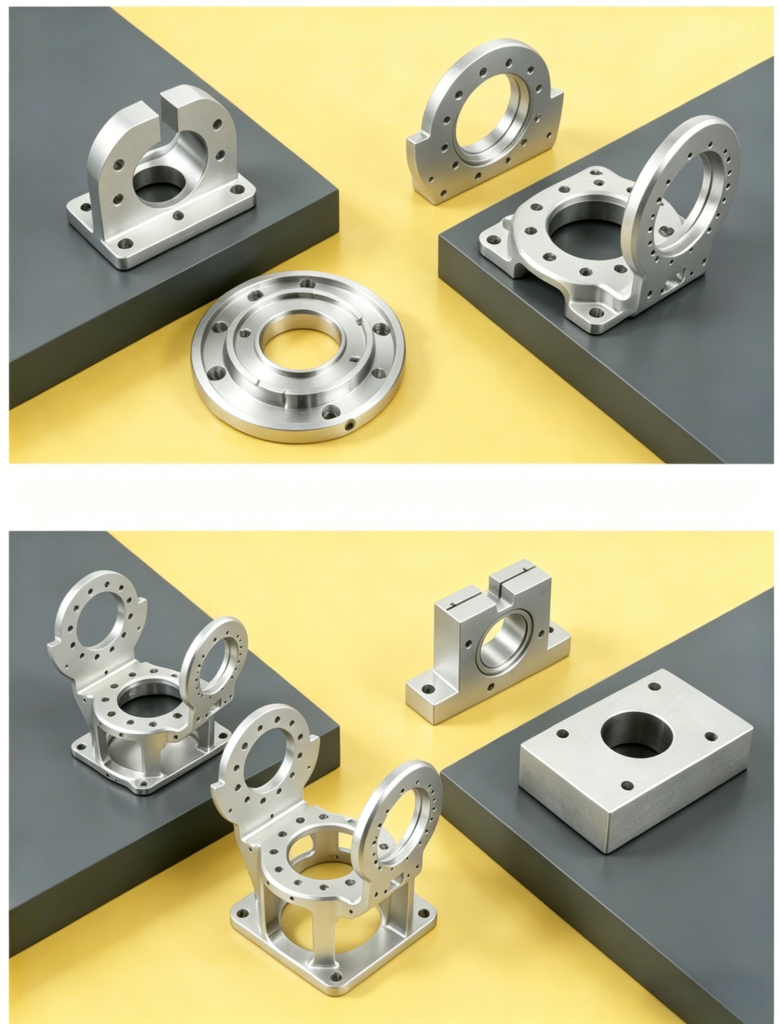 CNC machined aluminum flange mount bracket with precision holes and anodized surface