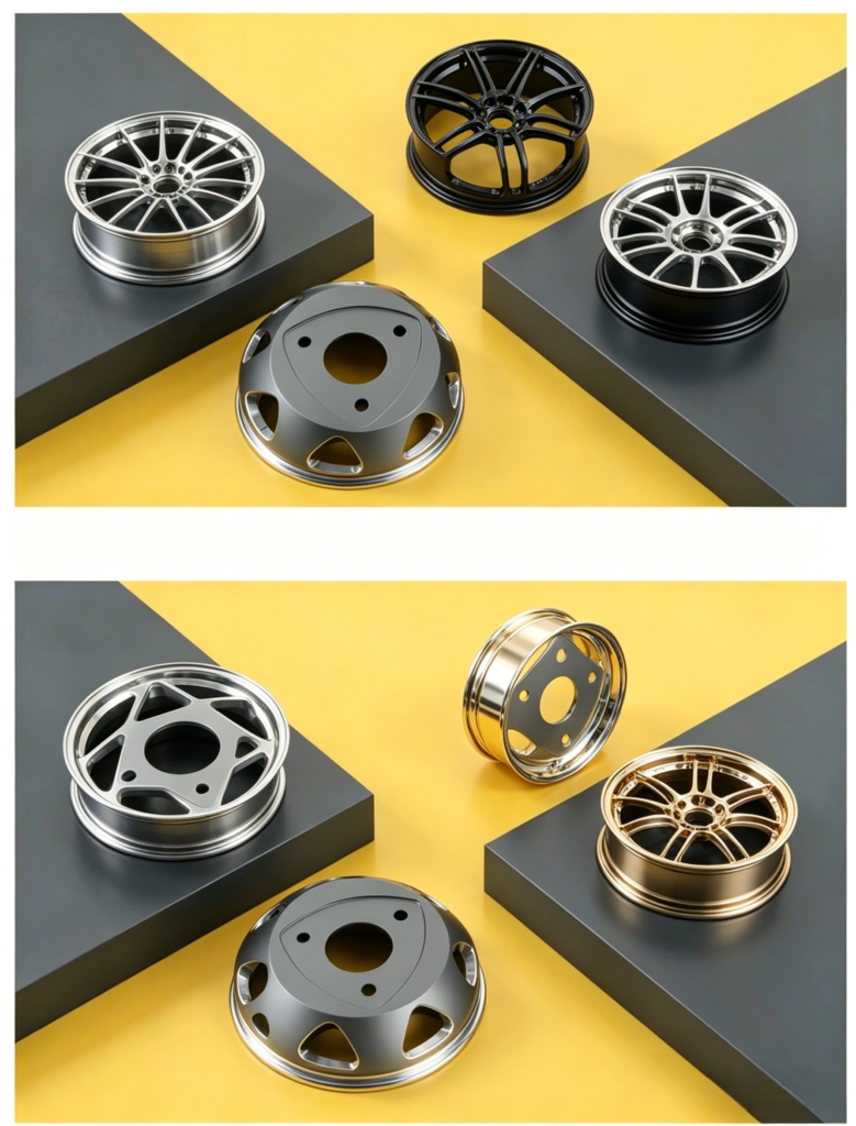 Black hard anodized aluminum wheel hub cap with sandblasted surface finish