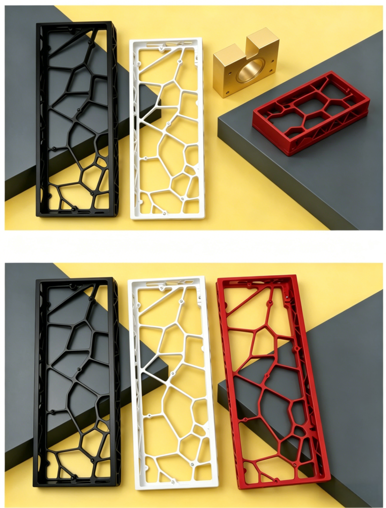 Anodized aluminum keyboard chassis with premium surface finish and minimalist industrial design aesthetics