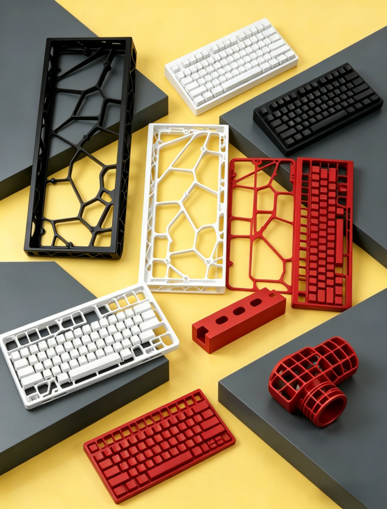 Anodized aluminum keyboard chassis with premium surface finish and minimalist industrial design aesthetics