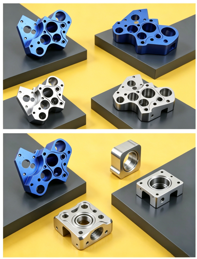 Custom CNC machined aluminum manifold block for hydraulic and pneumatic fluid control systems