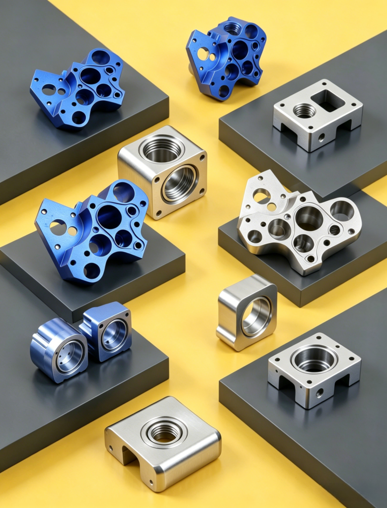 Custom CNC machined aluminum manifold block for hydraulic and pneumatic fluid control systems
