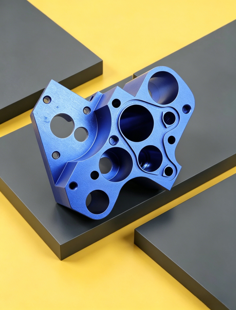 Custom CNC machined aluminum manifold block for hydraulic and pneumatic fluid control systems
